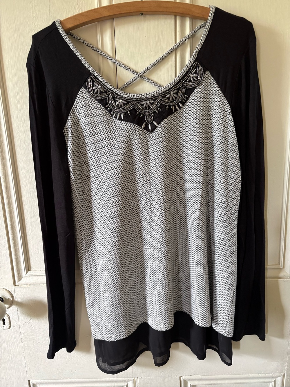 Maurice’s Black and White Long Sleeve Women's Top with Embroidered Yoke